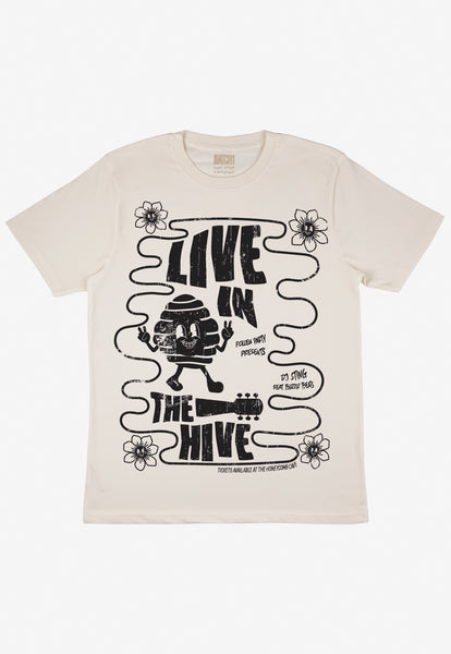 Flatlay of sand tshirt with Live in The Hive festival slogan 