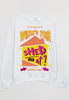 Flatlay of white sweatshirt with Where's Your Shed At festival slogan 