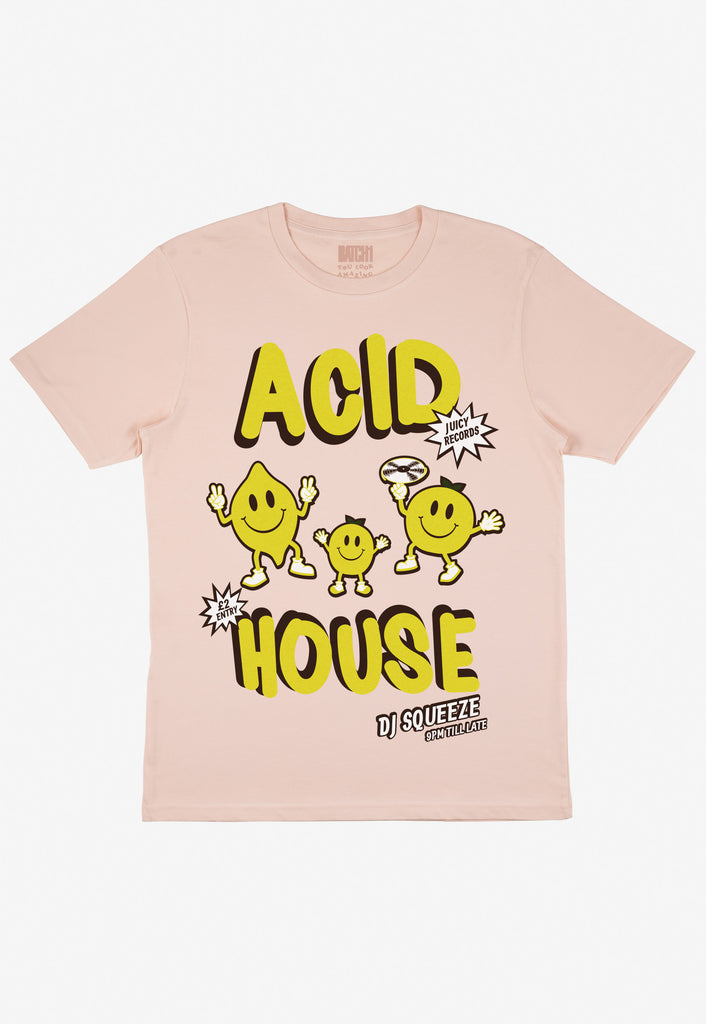 Flatlay of organic peach coloured printed summer festival t shirt with acid house slogan and fruit graphics