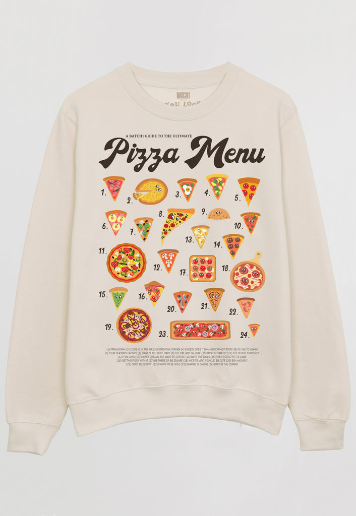 Flatlay of vanilla Sweatshirt with Pizza Menu print