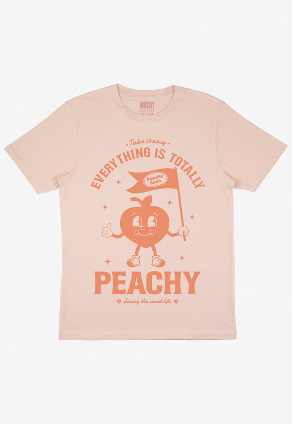 Flatlay of Everything Is Totally Peachy slogan tshirt