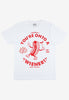 Flatlay of white unisex fit t shirt with printed vintage hot dog character in red on front