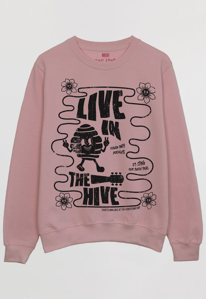 Flatlay of dusty pink sweatshirt with Live in The Hive festival slogan 