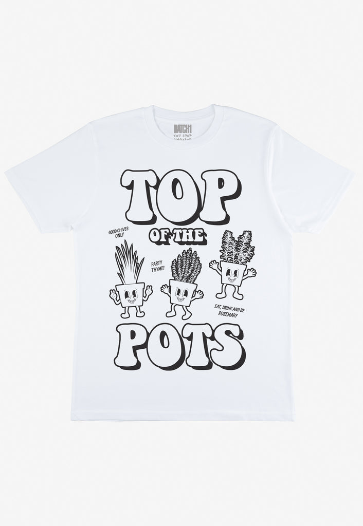 Flatlay of white tshirt with Top of The Pots festival slogan and Plant Pot character graphic