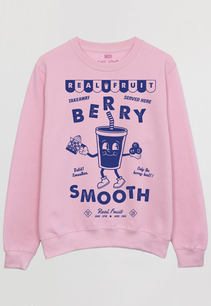 Flatlay of pink sweatshirt with berry smooth printed slogan 