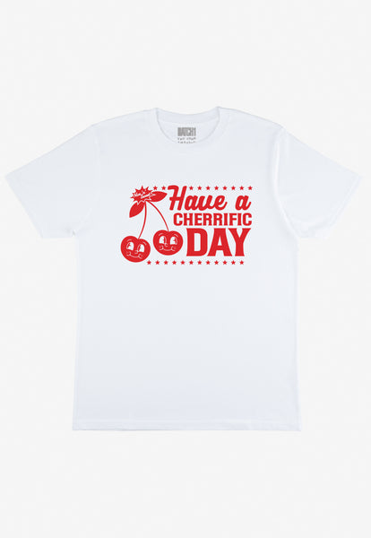 Flatlay of Have a cherrific day slogan t-shirt