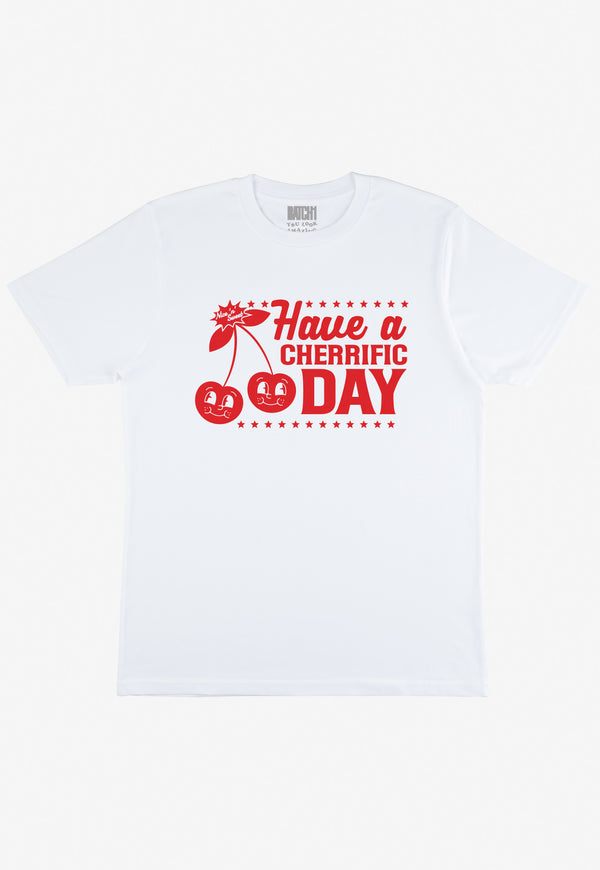 Flatlay of Have a cherrific day slogan t-shirt