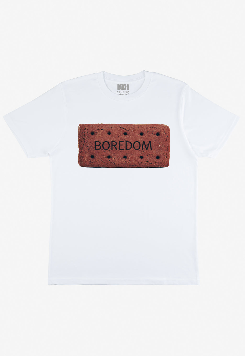 Flatlay of women's t-shirt with boredom slogan print