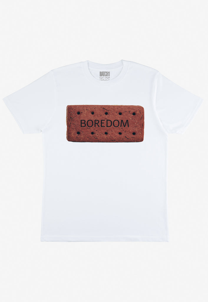 Flatlay of women's t-shirt with boredom slogan print
