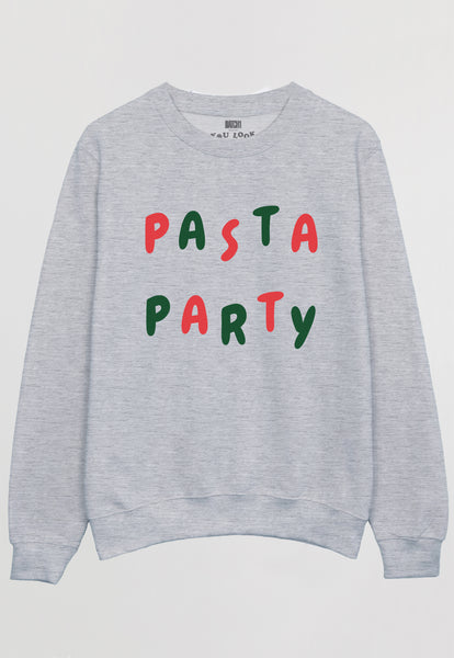 Flatlay of grey sweatshirt with Pasta Party slogan 