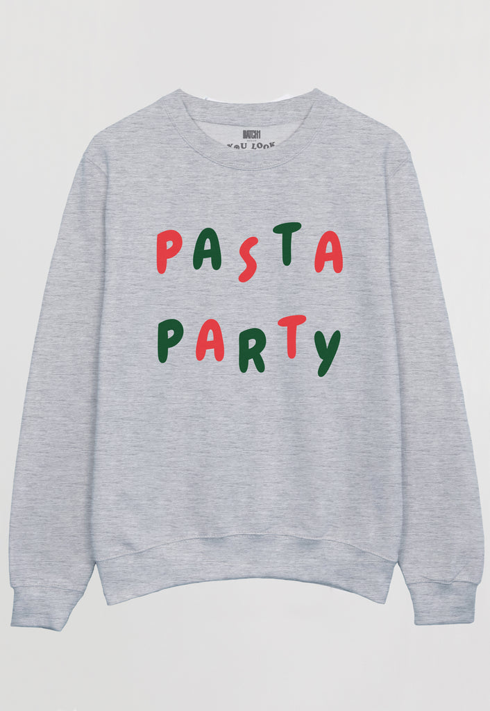 Flatlay of grey sweatshirt with Pasta Party slogan 