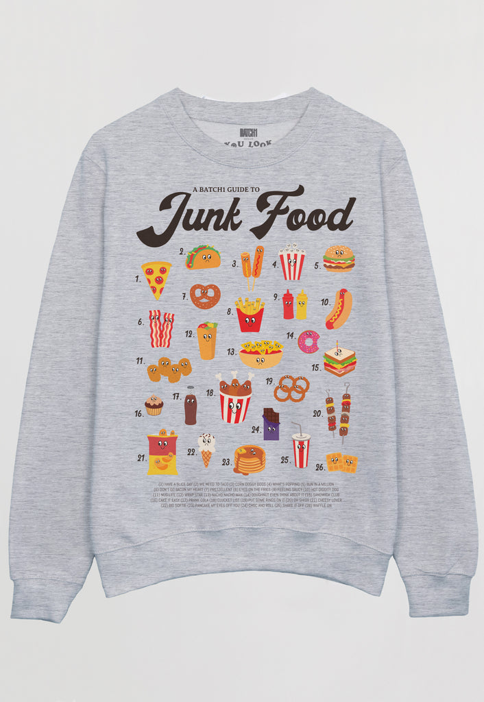 Flatlay of grey junk food printed sweatshirt 