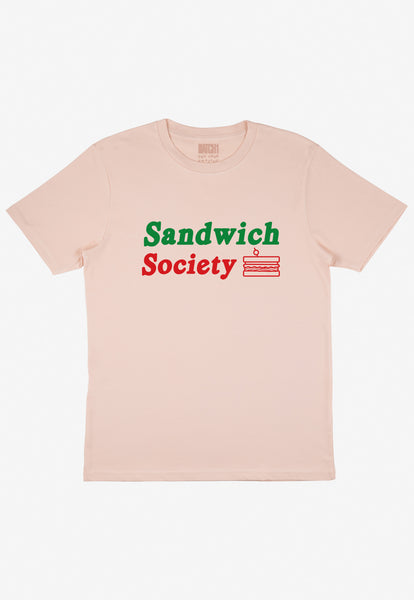 Flatlay of organic printed women's slogan t-shirt saying "sandwich society"