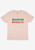Flatlay of organic printed women's slogan t-shirt saying "sandwich society"
