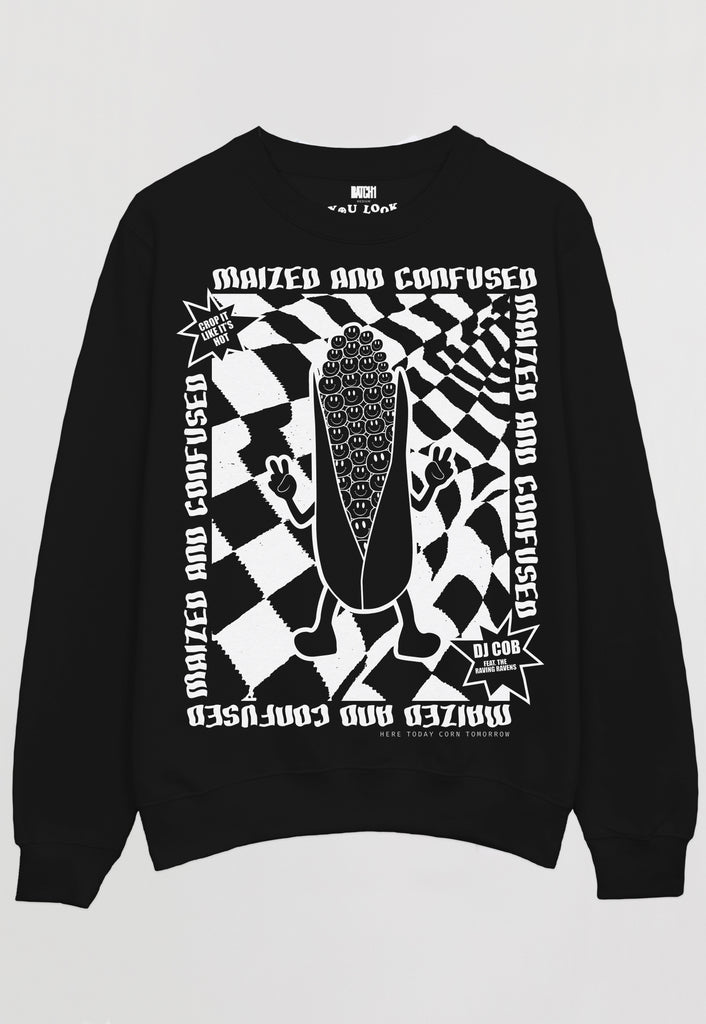 Flatlay of black unisex fit sweatshirt with white printed rave poster logo