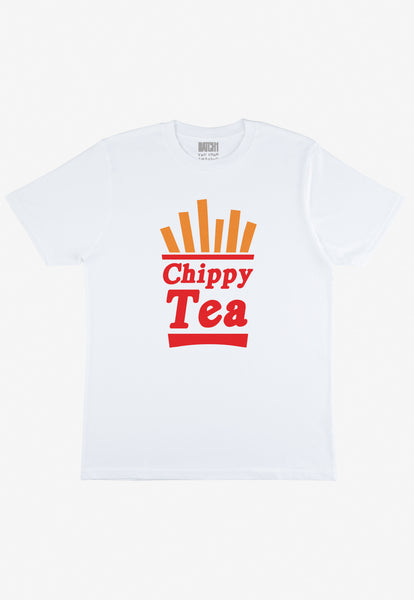 Flatlay of white tshirt with Chippy Tea slogan and fries graphic 