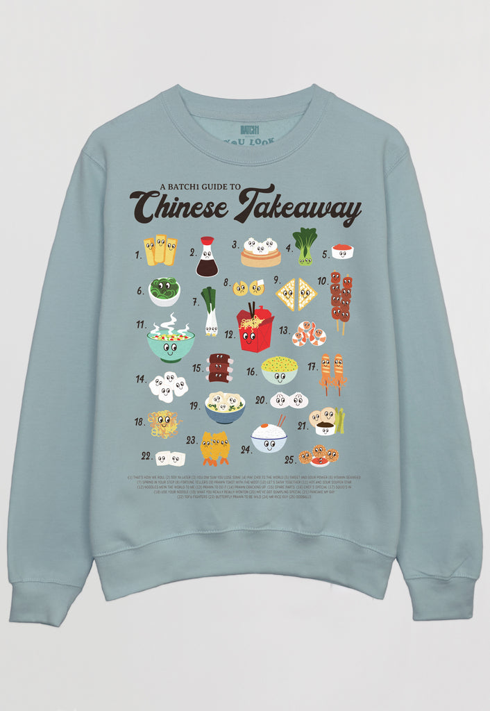 Flatlay of dusty green sweatshirt with Chinese takeaway print 