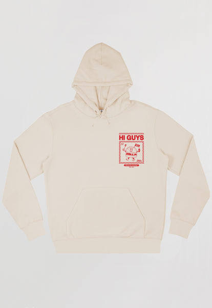 Flatlay of vanilla coloured women's hooded sweatshirt with front left chest burger logo and burger mascot in red print