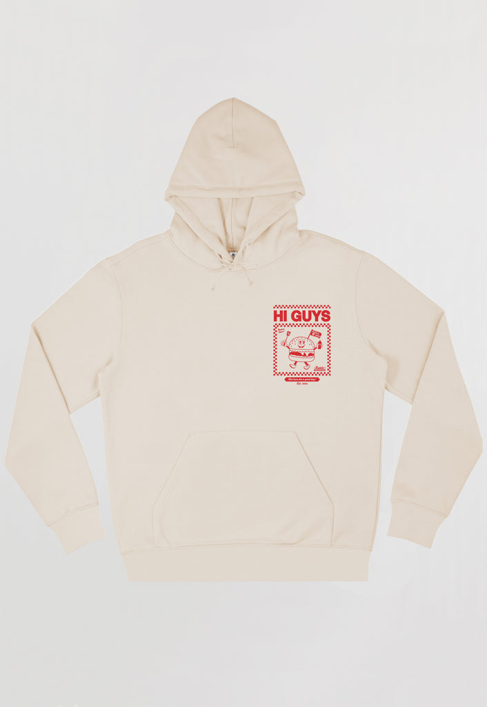 Flatlay of vanilla coloured women's hooded sweatshirt with front left chest burger logo and burger mascot in red print
