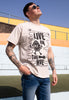 Model wears sand tshirt with Live in The Hive festival slogan 