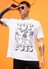 Model wears white tshirt with Top of The Pots festival slogan and Plant Pot character graphic