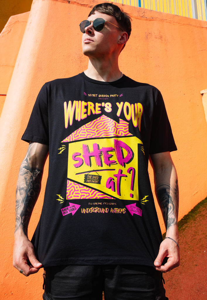 Model wears black tshirt with Where's Your Head At festival slogan 