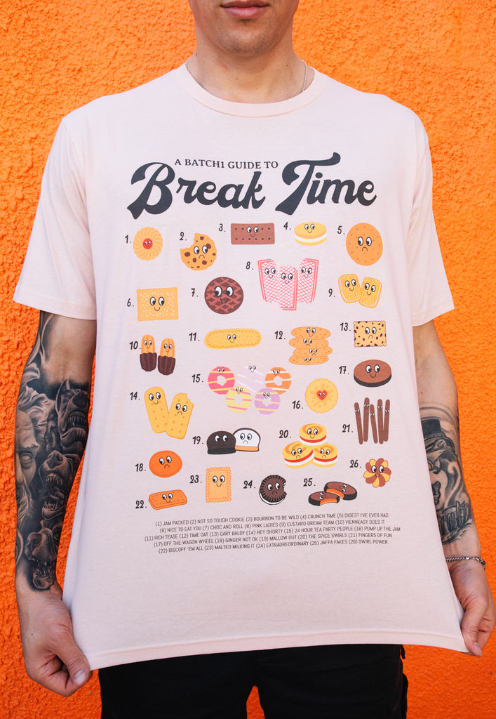 Model wears biscuit characters graphic printed tshirt