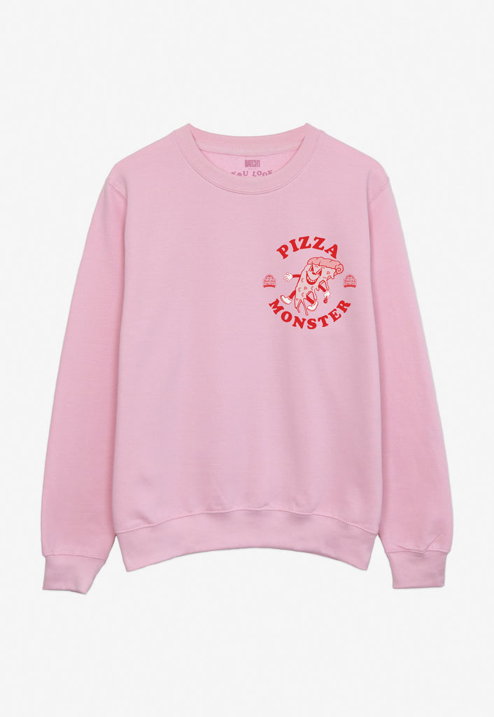 Flatlay of pink pizza monster slogan sweatshirt