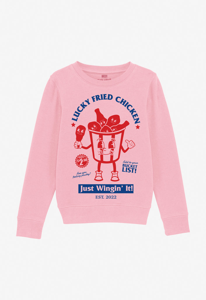 children's pink printed jumper with cute vintage fried chicken mascot
