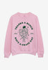 pastel pink unisex sweater with printed vintage style grape character logo and fun slogan
