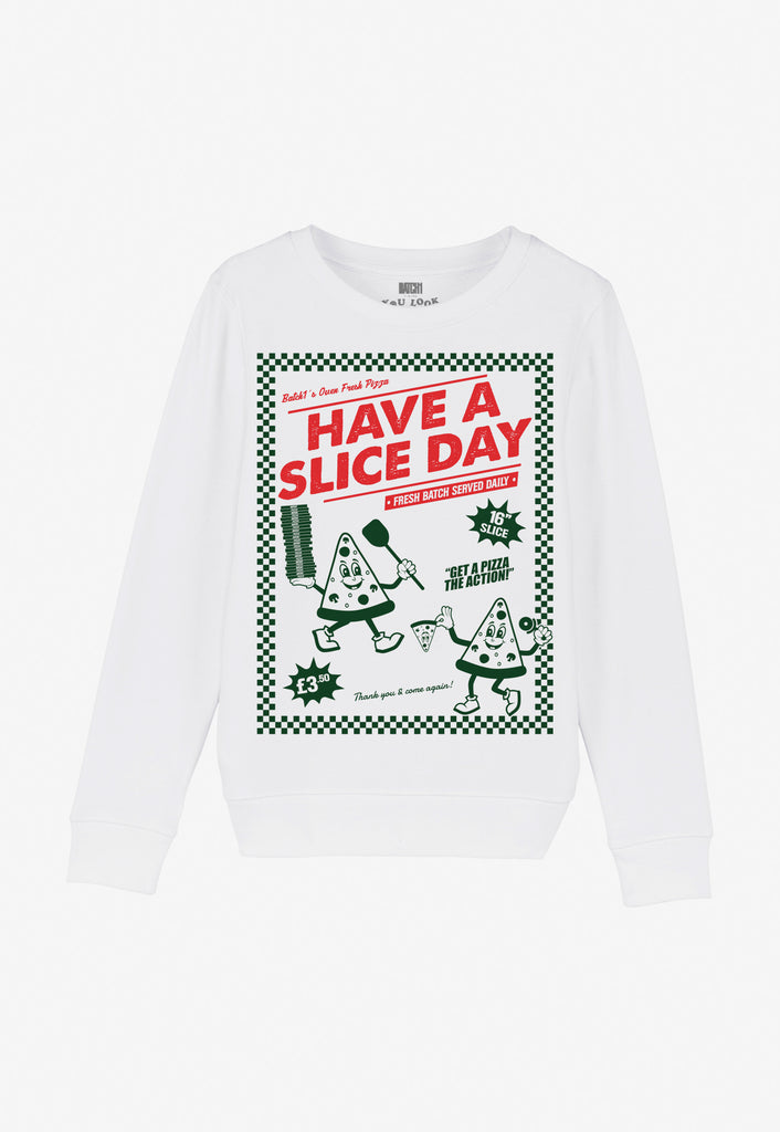 unisex kids slogan jumper with cute pizza characters