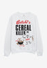 white graphic sweatshirt with cereal killer slogan and vintage style breakfast graphics