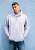 Model wears fresh and chilled back print hoodie with plain grey front 