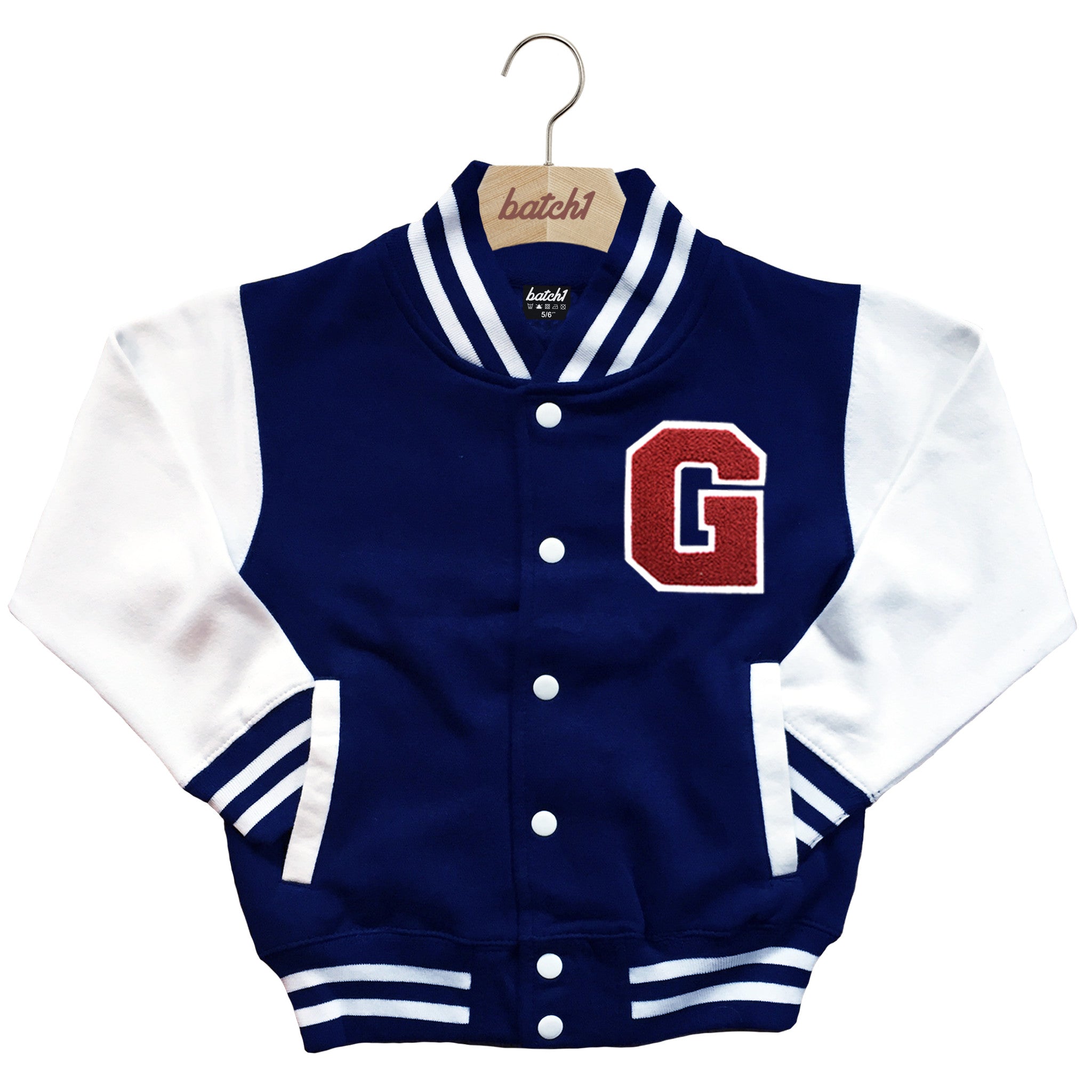 BATCH1 KIDS VARSITY BASEBALL JACKET PERSONALISED WITH GENUINE US COLLEGE LETTER G