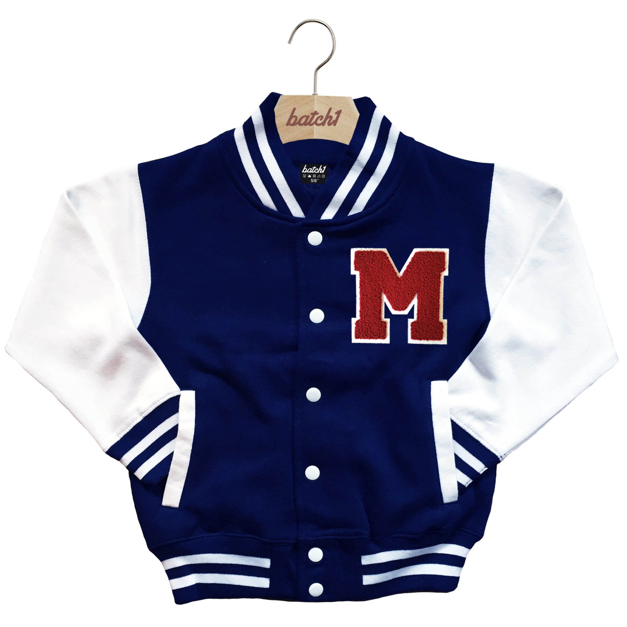BATCH1 KIDS VARSITY BASEBALL JACKET PERSONALISED WITH GENUINE US COLLEGE LETTER M